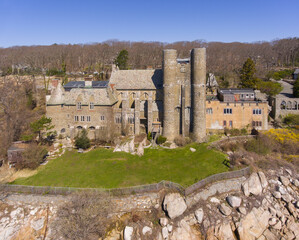 Aerial view of Hammond Castle in village of Magnolia in city of Gloucester, Massachusetts MA, USA....