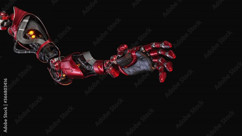 Poster prosthetic red robotic arm, 3d rendering of extending cyborg hand on black background
