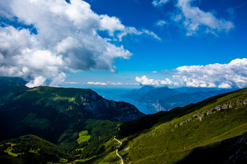 Lake mountain peaks and clouds
