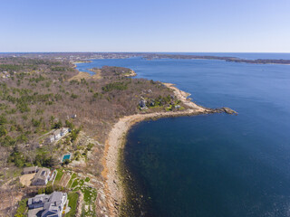 Fototapeta na wymiar Historic coastal buildings and Mussel Point aerial view on Gloucester Harbor in village of Magnolia in Gloucester, Cape Ann, Massachusetts MA, USA.