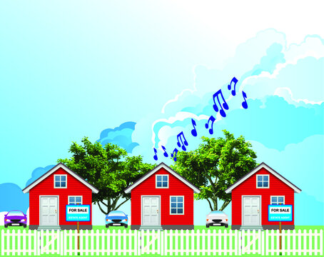 Row of detached residential homes on a suburb street with houses for sale next door to noisy Neighbor set against a blue cloudy sky
