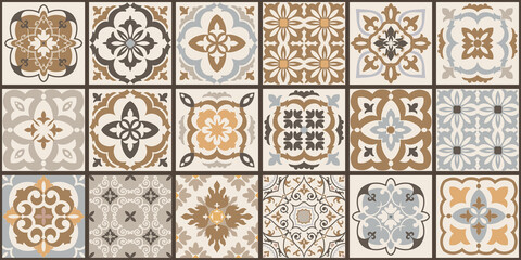 Collection of 18 ceramic tiles in turkish style. Seamless colorful patchwork from Azulejo tiles. Portuguese and Spain decor. Islam, Arabic, Indian, Ottoman motif. Vector Hand drawn background - 366804637