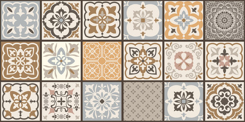 Collection of 18 ceramic tiles in turkish style. Seamless colorful patchwork from Azulejo tiles. Portuguese and Spain decor. Islam, Arabic, Indian, Ottoman motif. Vector Hand drawn background - obrazy, fototapety, plakaty