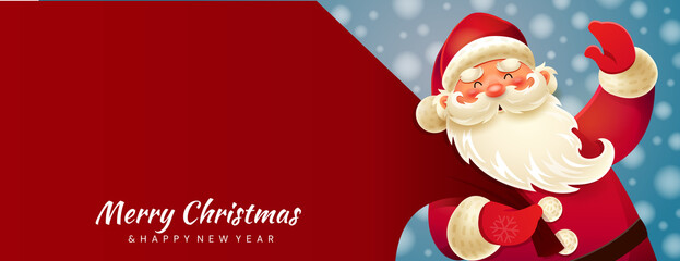 Colorful bright Christmas greeting card. Santa Claus with a huge bag delivering gifts at snow fall. Merry Christmas and Happy New Year text. Seasonal Christmas poster with, colored vector illustration