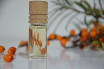 sea-buckthorn berries cluster and oil bottle jar isolated on a white background