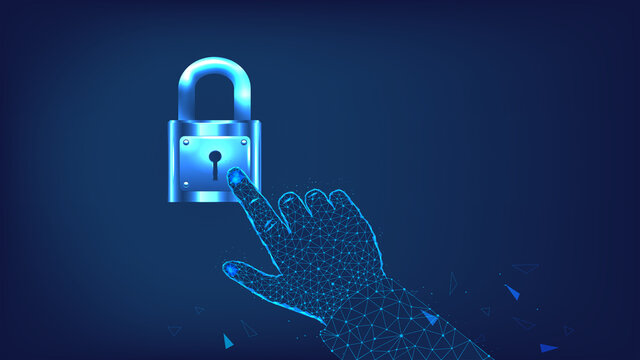 Closed lock and hand from triangles and luminous points on dark blue background.  Protection, cybersecurity, security services concept. Safety of information and data. Polygonal illustration