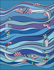 Fishes in the sea cartoon hand drawn illustration.