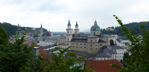 Panoramic view of Salzburg. Views of the historic center and the cathedral