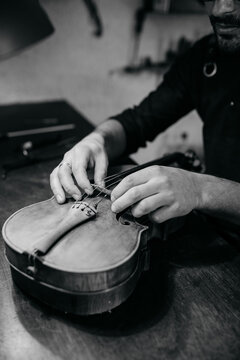 Cropped unrecognizable artisan touching strings and correctly placing while finishing crafting violin in workroom