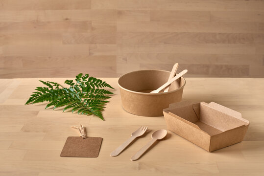 Recyclable carton food package and wooden fork and knife placed on table with fern leaf