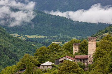 Village houses with medieval towers in the Caucasus Mountains, Georgia