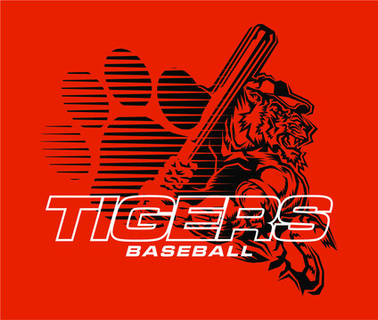 tigers baseball team design with mascot holding bat for school, college or league