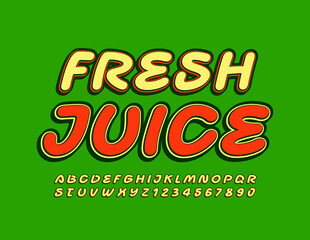 Vector cafe, bar, restaurant template Fresh Juice. Retro style Font. Bright Alphabet Letters and Numbers