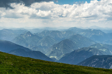 View from the Hochschneeberg mountain to the Alps