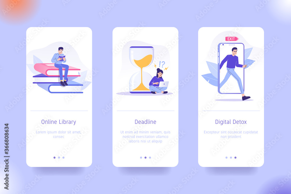 Poster application design set for online library, deadline and digital detox. ui on boarding screens design