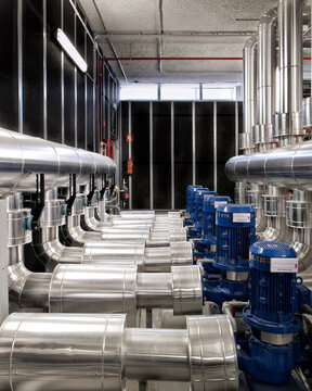Contemporary hallway with metallic pipelines and industrial equipment located on factory on sunny day