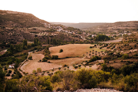 Picturesque view of green valley with green trees and fields located in highlands