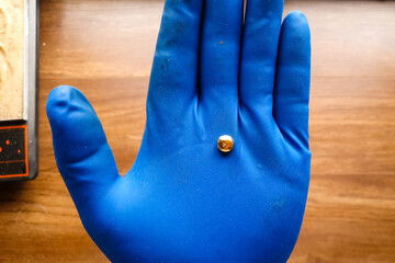 small piece of gold in his hand with a glove. Mini nugget of gol © Deniz