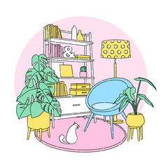 Scandinavian style interior outline vector fragment. An armchair next to a bookcase full of books and decorations, and Modern floor lamp in the back. A large flower and cactus in a pot. Round carpet.