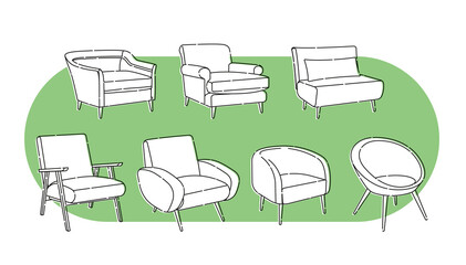 Scandinavian style set vector elements. Isolated different types of armchairs for the living room in modern style. Flat outline illustration.