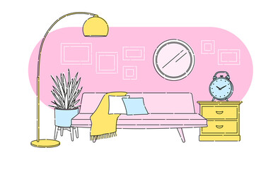 Scandinavian style interior vector fragment. Sofa with pillows and plaid. Modern floor lamp. Home plant, mirror on the wall and a clock on the nightstand. Flat outline illustration.