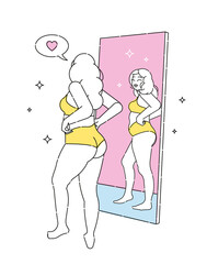 A beautiful woman in lingerie looks at her reflection in the mirror. A bubble with a heart shows how she loves herself. Outline vector flat  cute illustration.