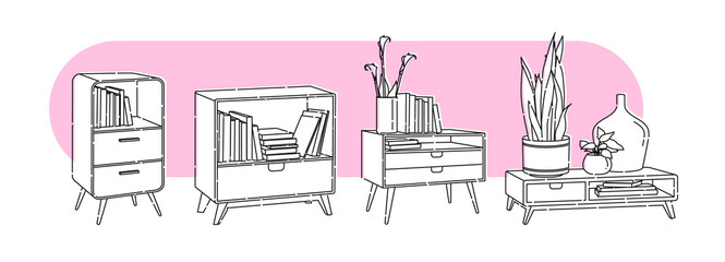 Set of vector elements.  Different types of bedside tables for the living room in a modern vintage Scandinavian style with books and flowers. Flat outline illustration.