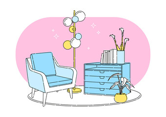 Scandinavian style interior flat outline vector colorful illustration fragment. Armchair, chest of drawers with a vase of lilies and books, floor lamp in retro style. 