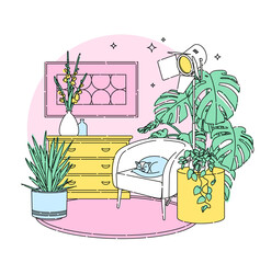 Scandinavian style interior flat outline vector fragment illustration. Armchair with a cat, vases on a dresser, floor lamp in a modern style, Monstera plant, painting on the wall and carpet.