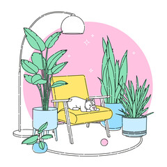 Scandinavian style interior flat outline vector fragment illustration. Yellow armchair with a sleepy dog. Modern floor lamp and carpet. Around the different home plants. 