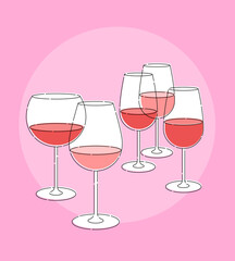 Set of vector elements. Various types of glass goblets with red wine. Modern style. Outline stroke is not expanded.
