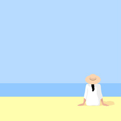 Young girl in hat and white dress sitting alone on a sandy beach and looking at blue sea. Flat hand drawn minimalistic vector illustration for background, post card, poster, social media.