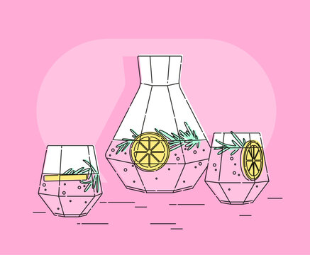 Set of vector elements. A glass decanter with lemonade and lemon, glasses are nearby. Modern style. Outline stroke is not expanded.