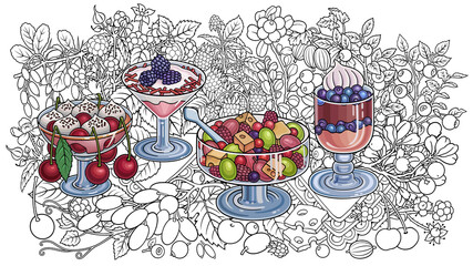 Sweets, berries, fruits, drinks illustration
