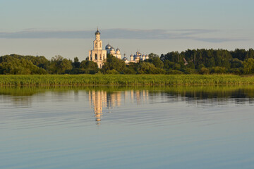 Yuriev Monastery.Veliky Novgorod.Russia.Summer view with reflection in the water of the lake.Great Novgorod
