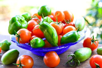 Tomaten und Paprika in einer blauen Schale