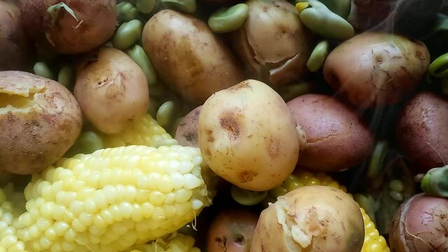 Papas cocinadas, choclos y habas tiernas, comida tradicional de los Andes 