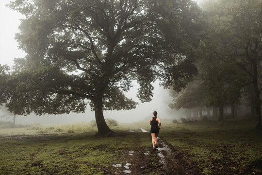 Fit woman running along path in misty forest