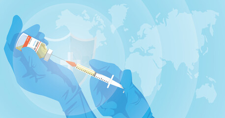 Development and creation of a COVID-19 vaccine.  Design by doctor hands with medical gloves holding  yellow vaccine bottle and syringe. Concept of Vaccines to provention or fight against Coronavirus