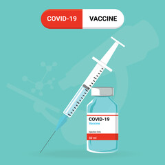 Research and development to create COVID-19 vaccine.  Design by blue vaccine bottle and injection syringe. Concept of Vaccines to provention or fight against Coronavirus. Vector illustration