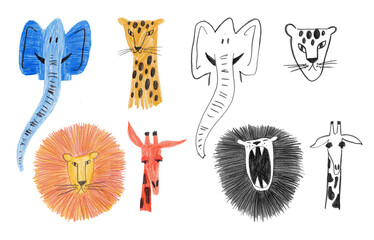 Set Of Isolated African Animal Faces.