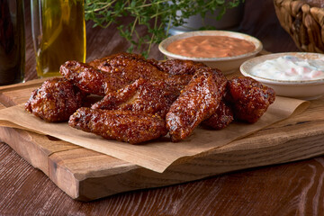 Roasted chicken wings in barbecue sauce and parsley on a wooden board on a table. With copy space. Tasty snack for beer on a dark background