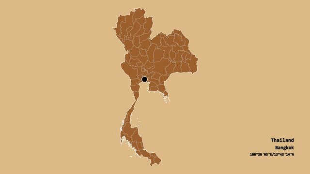 Yasothon, province of Thailand, with its capital, localized, outlined and zoomed with informative overlays on a solid patterned map in the Stereographic projection. Animation 3D