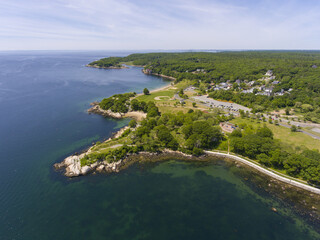 Fototapeta na wymiar Stage Fort Park aerial view at Stage Head at Gloucester Harbor in Gloucester, Cape Ann, Massachusetts MA, USA.
