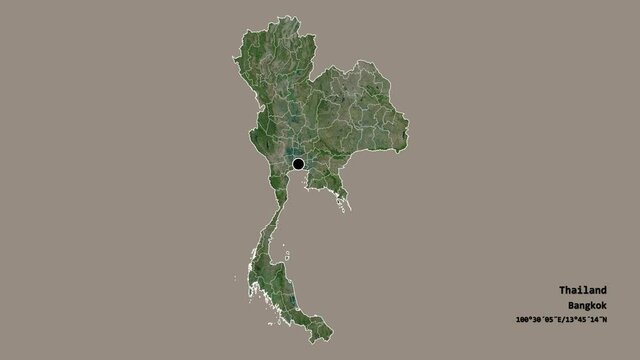 Yasothon, province of Thailand, with its capital, localized, outlined and zoomed with informative overlays on a satellite map in the Stereographic projection. Animation 3D
