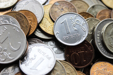 Russian iron rubles in a pile. Russian currency. Background rubles.  A scattering of coins. A lot of Russian rubles. Iron money background. Finance, business, investment concept.