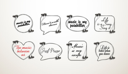 Innovative music quotation template speech bubble set in headphones quotes isolated on backdrop. Creative banner illustration set with quote frame wire with quotes headset modern design cloud remark