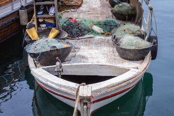 Baskets with fishing nests on a boat in Byblos, Lebanon, one of the oldest continuously inhabited...