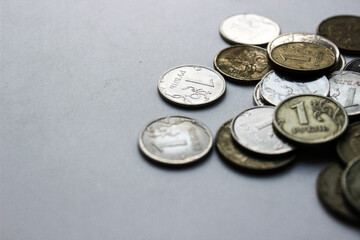 Russian iron rubles in a pile. Russian currency. Background rubles.  A scattering of coins. A lot of Russian rubles. Iron money background. Finance, business, investment concept.