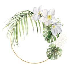 Fototapeta na wymiar Watercolor golden frame with plumeria and palm leaves. Hand painted tropical flowers and jungle greenery isolated on white background. Frangipani. Floral illustration for design, print or background.